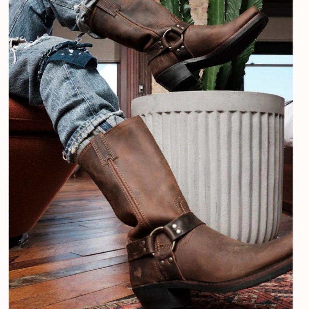 Frye 12R harness square toe Western leather stacked heel moto boot